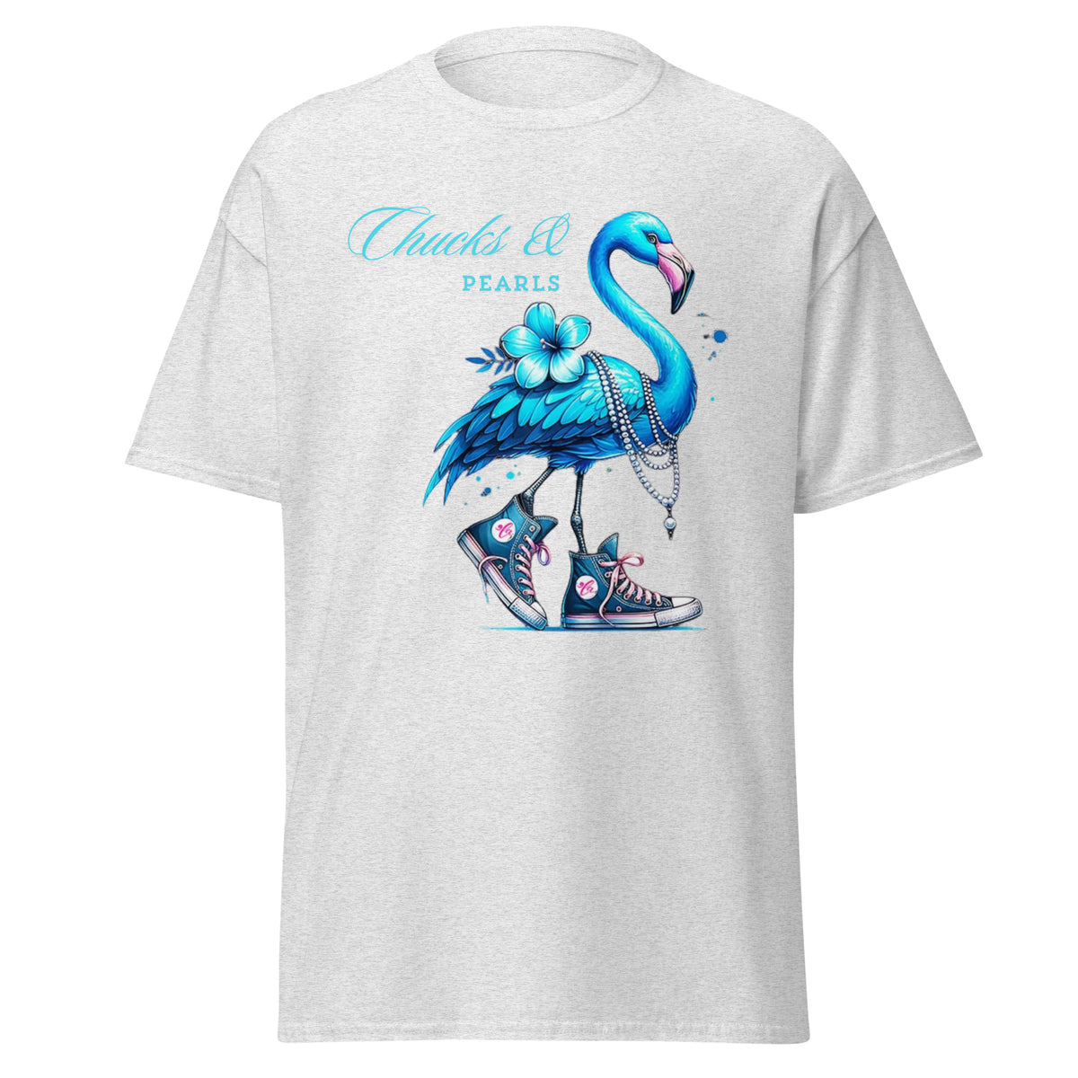 Flamingo chucks and pearls comma la kamala harris 2024, flamingo chucks and pearls tee - shirt kamala harris classic.