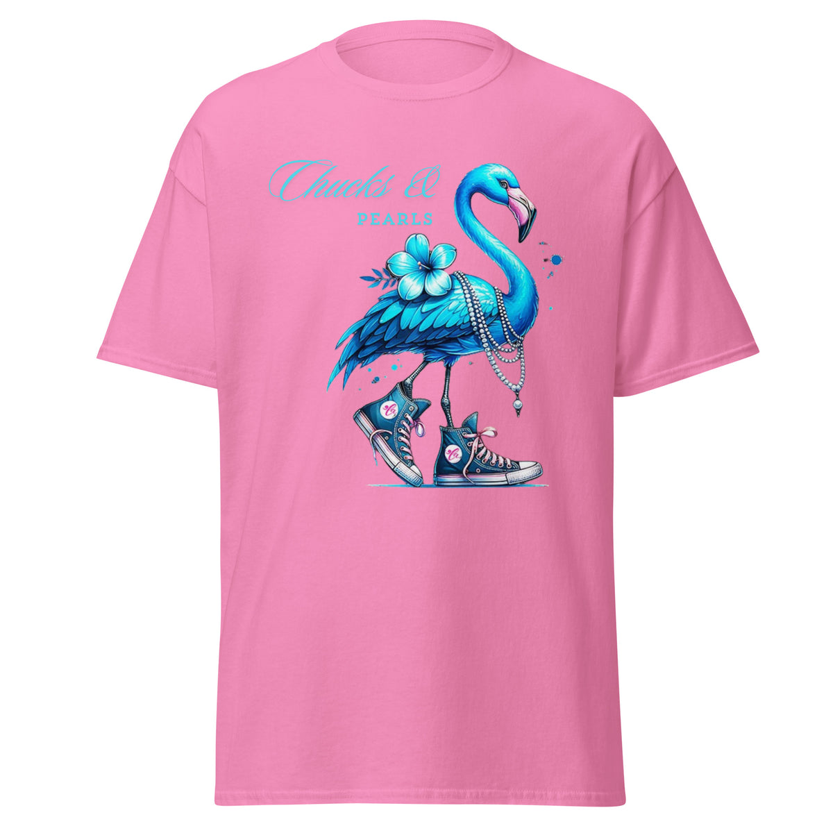 Flamingo chucks and pearls comma la kamala harris 2024, flamingo chucks and pearls tee - shirt kamala harris classic.