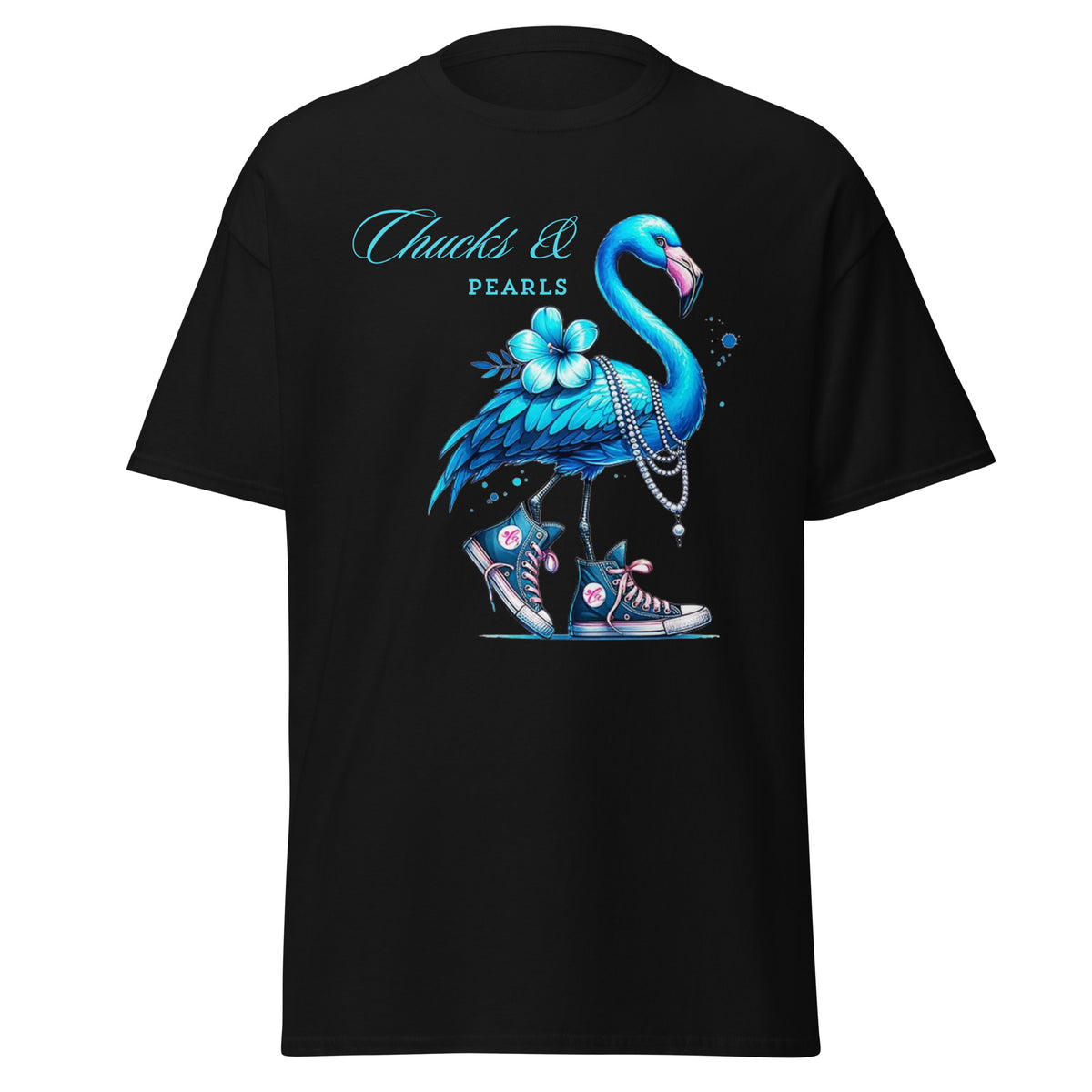 Flamingo chucks and pearls comma la kamala harris 2024, flamingo chucks and pearls tee - shirt kamala harris classic.