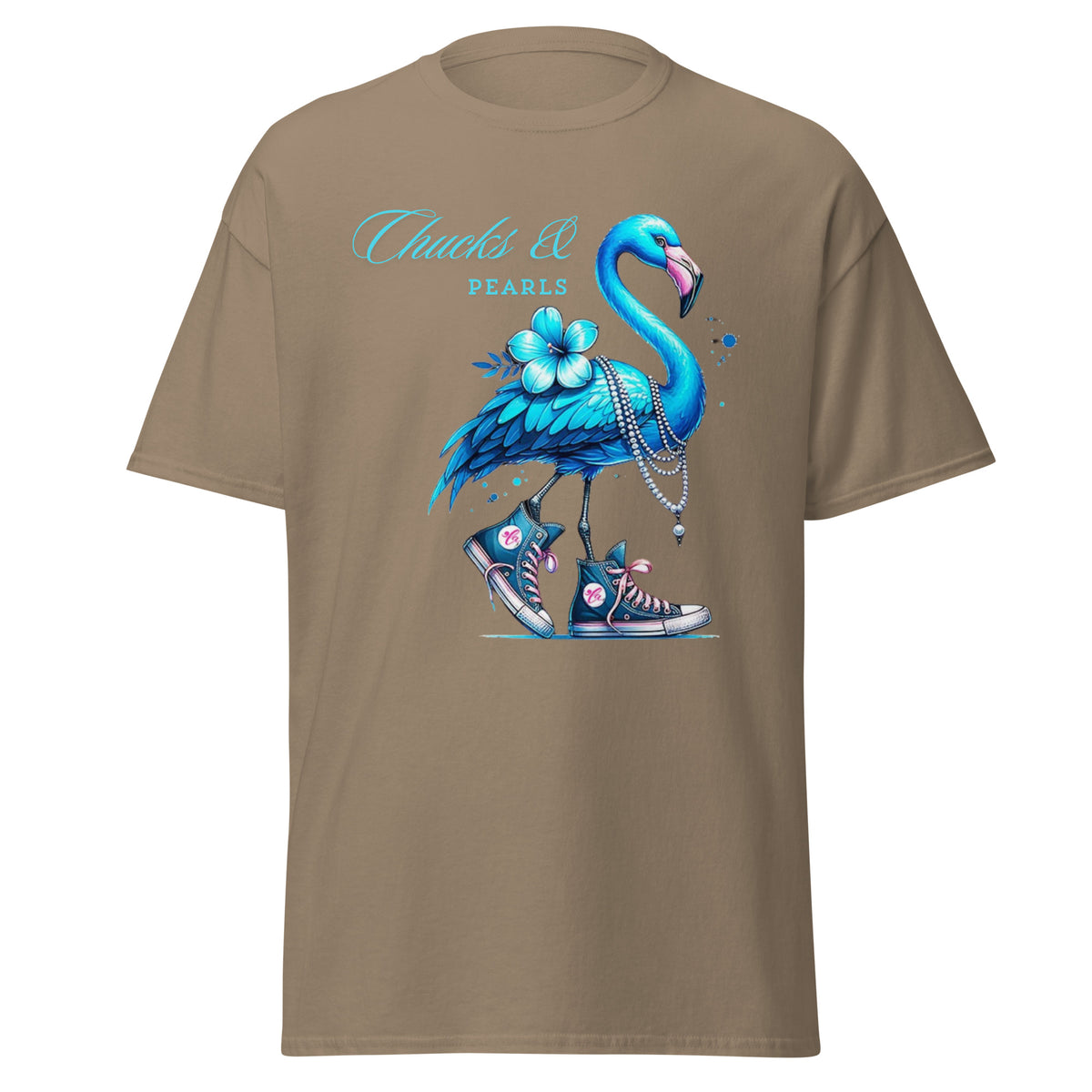 Flamingo chucks and pearls comma la kamala harris 2024, flamingo chucks and pearls tee - shirt kamala harris classic.