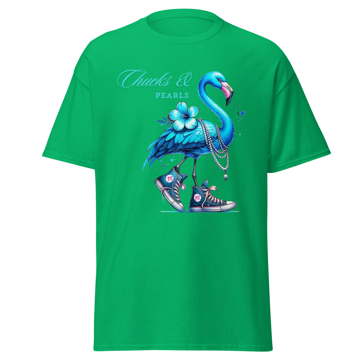 Flamingo chucks and pearls comma la kamala harris 2024, flamingo chucks and pearls tee - shirt kamala harris classic.