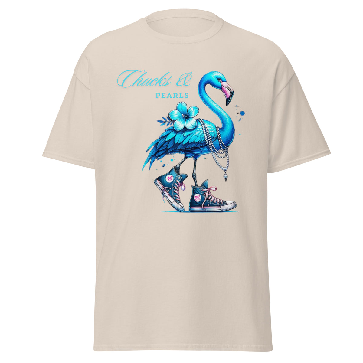 Flamingo chucks and pearls comma la kamala harris 2024, flamingo chucks and pearls tee - shirt kamala harris classic.