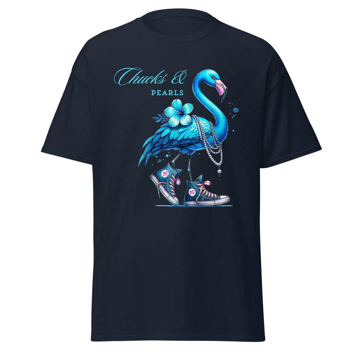 Flamingo chucks and pearls comma la kamala harris 2024, flamingo chucks and pearls tee - shirt kamala harris classic.