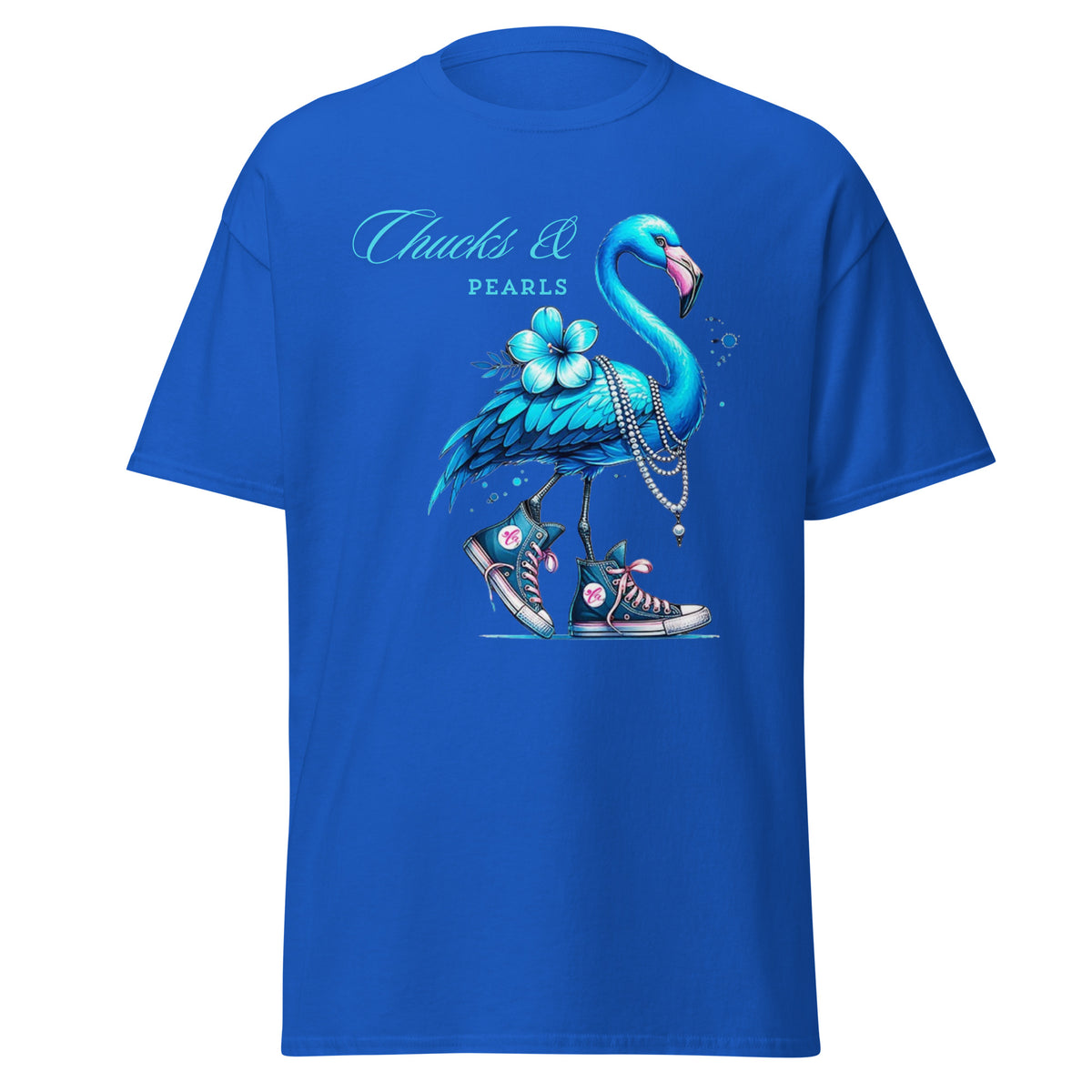 Flamingo chucks and pearls comma la kamala harris 2024, flamingo chucks and pearls tee - shirt kamala harris classic.