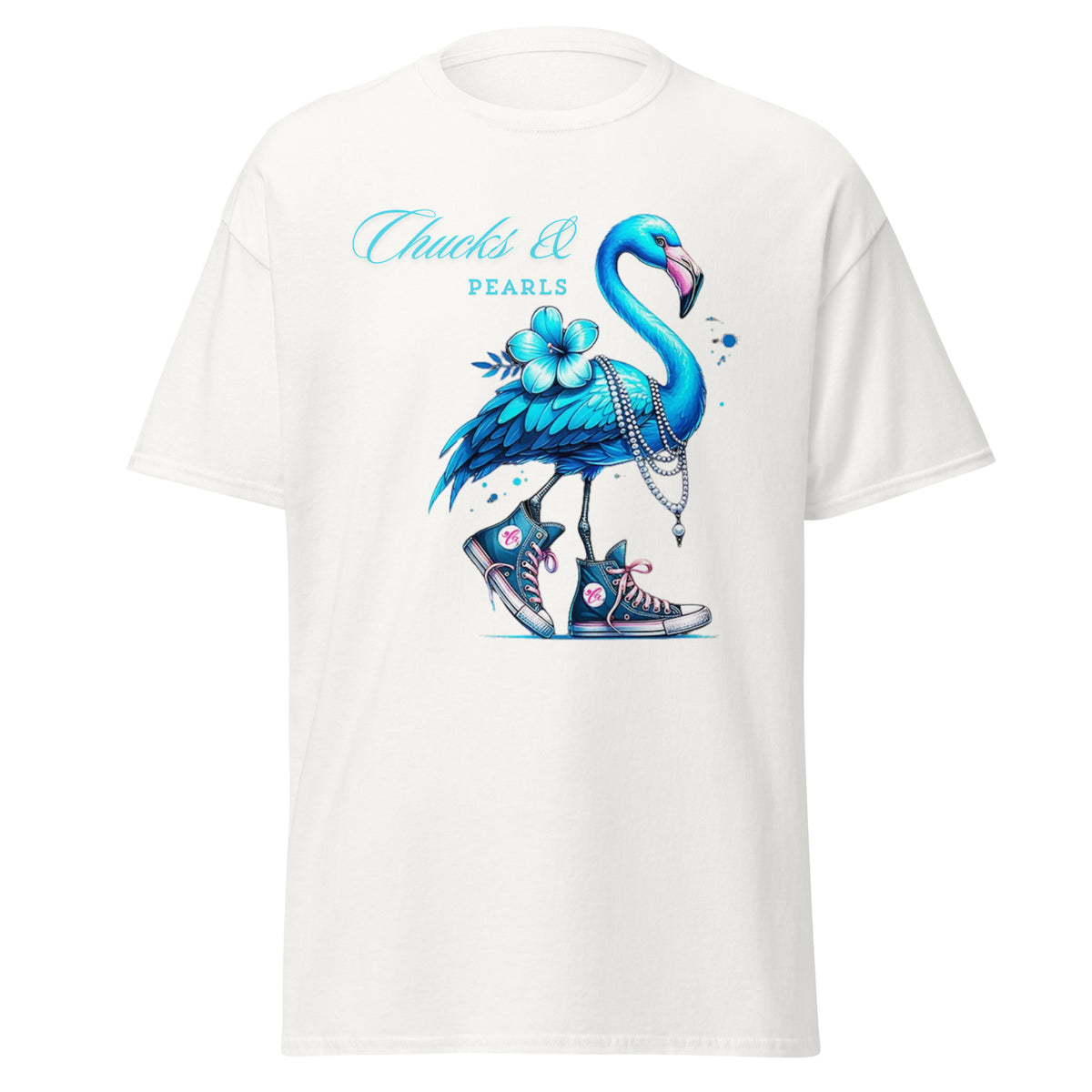 Flamingo chucks and pearls comma la kamala harris 2024, flamingo chucks and pearls tee - shirt kamala harris classic.